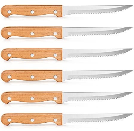 Homikit Steak Knives Set of 6, Stainless Steel Serrated Kitchen Knife Cutlery with Wood Handle for Steak Meat Pizza Vegetables, Sharp & Ergonomic Design, Matte Finish & Easy Clean