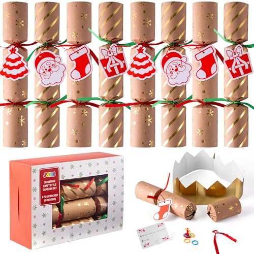 JOYIN 8 Stück 25,4 cm Knallbonbons für Weihnachten mit klassischem Design, mit Partyhut, Witz und kleinem Geschenk im Inneren Weihnachtsfeiertag, Abendessen, Traditionen