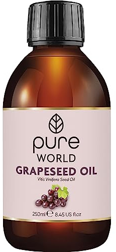 Pure World Natural Grapeseed Oil 100% Pure and Undiluted. 250ml. Premium Italian Quality Grapeseed oil – Aromatherapy, Massage, Skin, Nails, Body and Face, Edible Vegan
