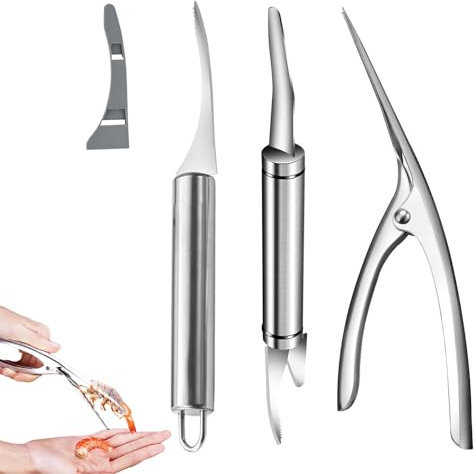 3-teiliges Multifunktionales Garnelenset, 5-In-1-Multifunktionales Garnelenschnur, Edelstahl Shrimp Peeler,Garnelenlinienmesser - für Shrimps, Meeresfrüchte und Fisch