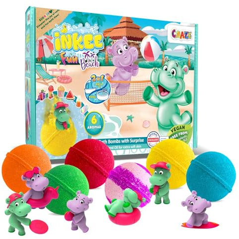 INKEE Geschenkbox Fun Beach | Box mit 6 Kinder Badebomben, enthält 6 verschiedene Nilpferdfiguren zum Sammeln - 6x Badekugeln Kinder mit Überraschung