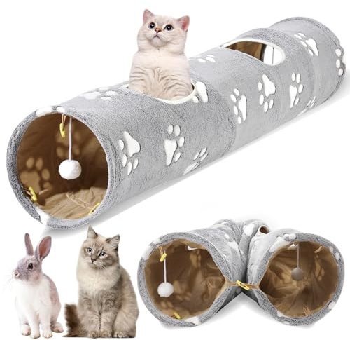 Ipetstation Gerade Katzentunnel für Indoor-Katzen, Katze Plüsch Faltbarer Tunnel mit Katzenspielzeug Ball für Indoor Kätzchen (Katze Bedruckt)