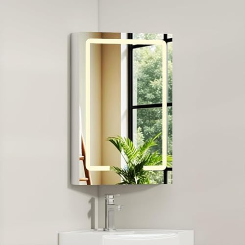 Corner Bathroom Mirror Cabinet with LED Light,Wall Mounted Corner Cabinet with 2 Shelves,3 Colors Adjust-Lights Single Door Bathroom Cabinets with Mirror,White Bathroom Storage Unit,40x29x60CM