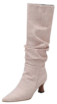 Xbemkste damstövlar med klack, knästövlar, slouch stövlar, eleganta höga stövlar, dam, långa stövlar, slip-on, stövlar, veckade lediga stilstövlar, övergångsstövlar