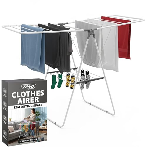ZENO Clothes Drying Rack 12M Drying Space | Clothes Horse Indoor Folding Airer with 21 Strong Steel Rails | Large Laundry Drying Rack for Home | Freestanding Clothes Dryer Rack for Indoor Outdoor Use