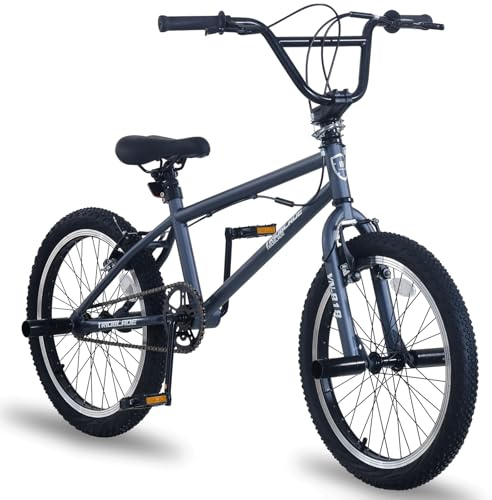 LSBIKE 20 Inch BMX Bike Freestyle BMX Bicycle with Black Steel Frame, 360° Rotatable Handlebar, Front & Rear Pegs, Aluminium Rims, Dual Brakes, for Teens & Adults (Grey)