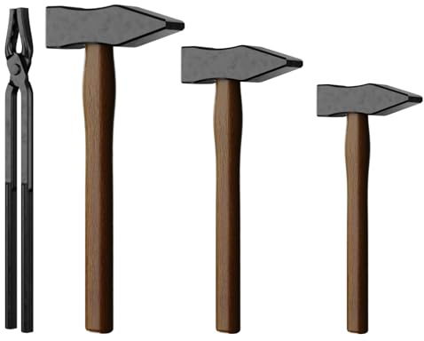 4PCS Carbon Steel Blacksmith Hammer And Wolf Jaw Blacksmith Forge Tongs Tool with Hickory Wood Handle for Bladesmithing, Jewelry Making, and Metal Forming Blacksmithing Tongs Tools
