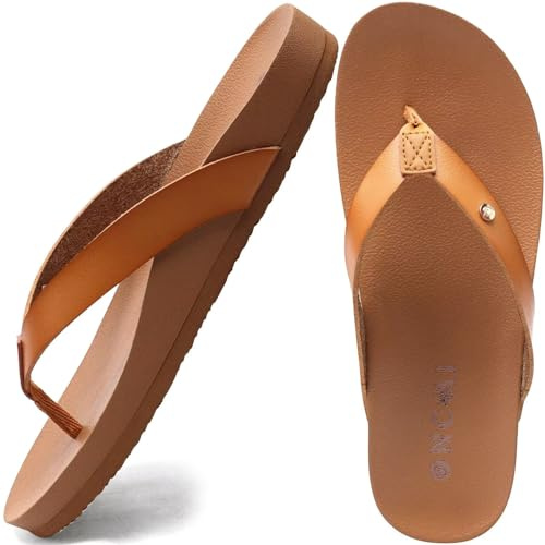 ONCAI Womens Flip Flops For Women Comfortable Leather Strap Yoga Mat Non-Slip Women's Thong Sandal Casual Summer Beach Slippers With Arch Support Khaki Size 8