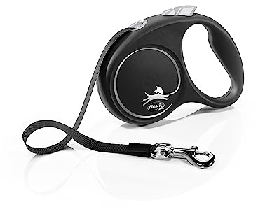 flexi® Black Design S | 5 meter retractable tape leash for dogs up to 15 kg | Black/silver | Retractable dog lead | Weight: 180 g | Dimensions: 10.2 x 14.3 cm