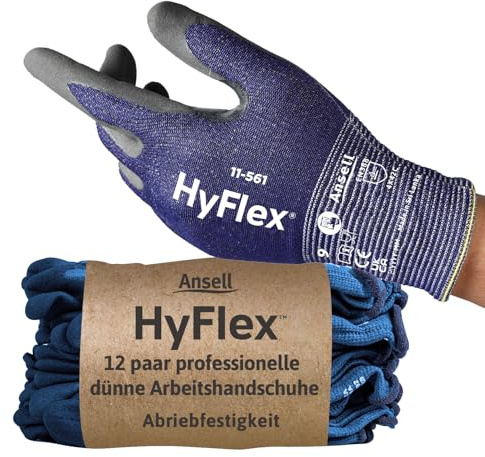 Ansell HyFlex 11-561 Gants Anti-Coupures Ultrafins, Enduction Nitrile Résistante à l'Abrasion, Gants de Travail Professionnels Haute Protection, Homme Femme, Bleu, Taille L (12 Paires)