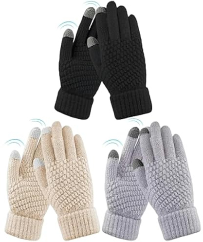 HRUTANE Womens Touch Screen Gloves Winter Warm Knit Fleece Lined Gloves Elastic Cuff Texting Mittens Gifts,3 pairs Beige/Light Grey/Black