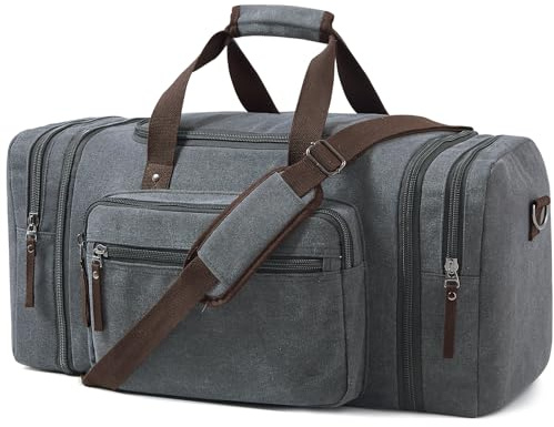 Erweiterbare Reisetasche 55L, Kompakte Sporttasche Herren Damen, Robuste Stofftasche für Reisen, Fitness und Business, Handgepäcktasche (Grau)