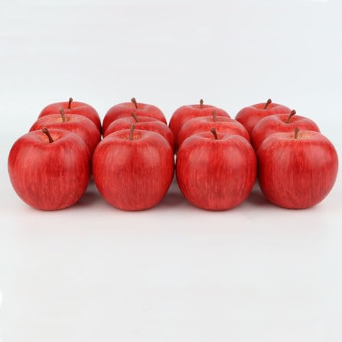 LGEGE Mele finte, set da 12 pezzi – frutta artificiale realistica, mele rosse, decorazione per cucina, oggetti di scena fotografici (8,5 x 7,4 cm)