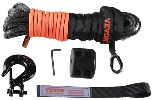 VEVOR Corda per argano 4,8 mm x 15,2 m Cavo sintetico resistenza rottura 37,1 KN con manicotto protezione, fermo, gancio forgiato, cinghia trazione mountain bike UTV