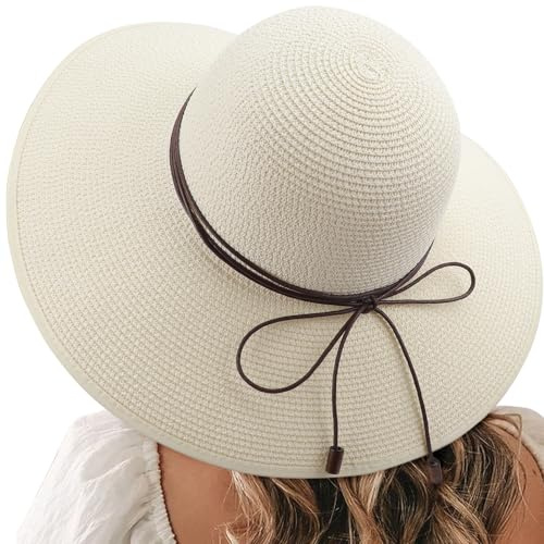DRESHOW Womens Bowknot Straw Hat Floppy Foldable Beach Hat with Windproof Rope Wide Brim Sun Hat UPF 50+