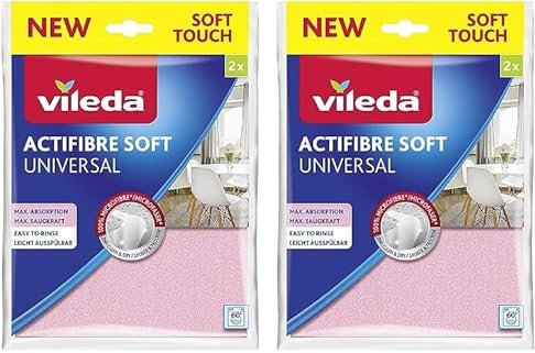 Vileda Actifibre Soft Universale, Panno in microfibra, Pulizia senza aloni, Eccezionale assorbenza, Morbido al tatto, Rosa e grigio, Confezione da 4pz