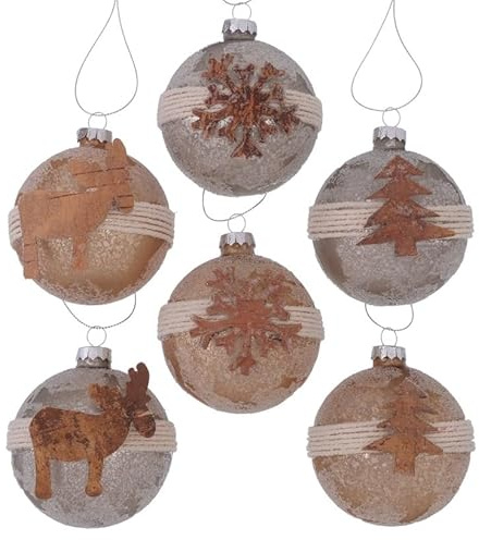 6 STK Glas Weihnachtskugeln Birke grau braun Ornamente Streifen b708 Christbaumschmuck Weihnachtsschmuck Anhänger Weihnachtsdeko Christbaumkugeln Glaskugeln Hirsch Stern Schneeflocke Silber matt