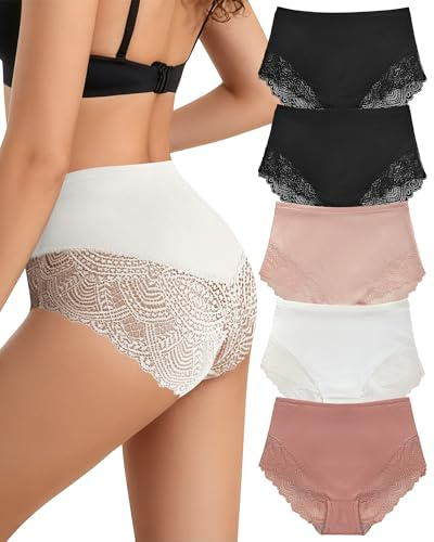 Cevapro Seamless High Waist Knickers for Women, Soft Sexy Lace Brazilian Knickers Full Coverage Panties No Vpl Ladies Underwear Multipack 5 Pack