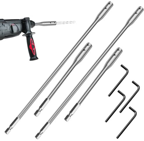 4PC Drill Bit Extension Rods (6 & 12) and 4 Wrenches High - Carbon Steel Spade Bit Extenders for Woodworking, Furniture, Carpentry, and Construction - Durable Magnetic Holder