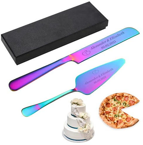 PSUNEY Cuchillo para Pastel de Boda de Acero Inoxidable Grabado y Set de Utensilios para Servir, Múltiples Opciones de Color para Regalos de Boda, Aniversarios, Fiestas de Cumpleaños (Multicolor)