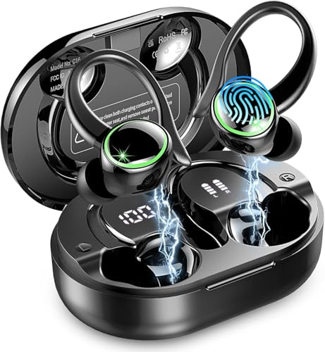 Cuffie Bluetooth 5.4 Sport, Auricolari Bluetooth con 3D Bass Stereo, 50 Ore Cuffie Wireless In Ear Cancellazione Rumore ENC e 4 HD Mics, IP7 Impermeabile Cuffie Senza Fili, Cuffiette HiFi LED Display