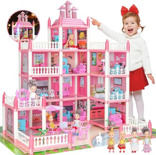 Big Doll House for Kids Ages 3 4 5 6 7 8, 4-Story 11 Rooms Princess Play House Toys with 4 Doll & Doll Furnitures, DIY Dollhouse with Light Strip
