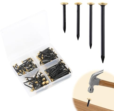 Set di 120 chiodi per foto (20/25/30/40 mm), chiodi in acciaio inox con testa dorata, per calcestruzzo, mattoni, legno, chiodi extra duri da appendere senza forare, delicato sulla parete, con 4