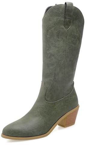 LarDorLin Mujer Puntiagudo Bordado Western Botas de Montar Invierno Comodo Tacón Ancho Media Pierna Cowboy Botín Vintage Verde Talla 39 EU (40 Cn)