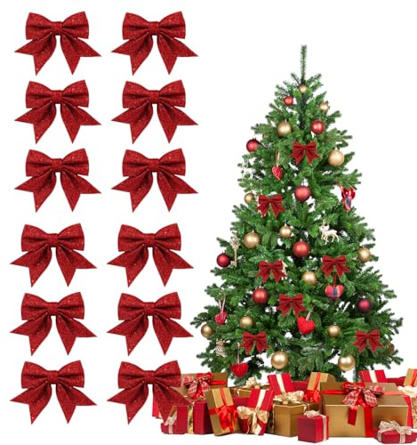 MUNSKT Lot de 12 nœuds de Noël rouges pour décorations d'arbre, nœuds de 5,9 pouces à paillettes, ornements de nœud pour sapin de Noël, nœuds à paillettes, décoratifs pour la fête de Noël à la maison