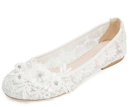 Bridaluxe 33118 Women’s Lace Floral Flat Wedding Shoes Elegant Rhinestone Flower Bridal Flats Comfortable Shoes