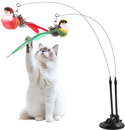 Katt teaser trollspö leksak – 91 x 6,76 x 0,79 cm set, 2-i-1 kvittande fågelstav, sugmonterad leksak, elastisk trådtränare | kattlek tillbehör, kattungar födosite, hemträning