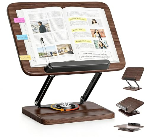 Atril para Libros de Madera con Base Giratoria 360° – Soporte Plegable con Clips, Altura Ajustable – Porta Tablet, Porta Partituras y Recetas de Cocina para Mesa y Escritorio
