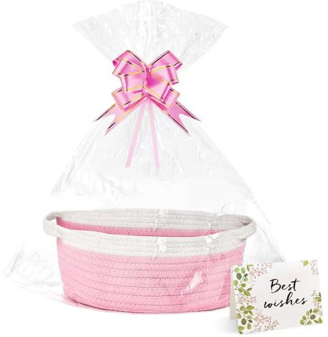 Geschenkkorb Leer Präsentkorb Geflochten Körbchen Mit Geschenktüte & Schleife & Karte Rosa Weiß Aufbewahrungskorb Deko Für Geschenkverpackung, Geburtstag, Hochzeit, Ostern, Thanksgiving, Weihnachten