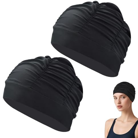 Lot de 2 bonnets de bain pour femme - En tissu polyester élastique - Respirant - Pour femme - Cheveux longs épais - Pour l'été, la piscine intérieure, la plage, les vacances