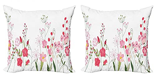 Lunarable Spring Throw Pillow Cushion Cover Pack of 2, Endless Horizontal Texture of Contoured Wild Flowers Berries and Herbs, Zippered Double-Side Digital Print Decor, 16, Green Pink and Magenta