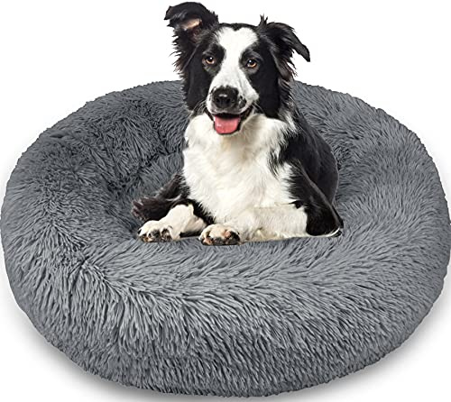 Enjamoy Dog Bed Donut Large Calming Pet Bed, Dark Grey 80cm | Round Pet Cushion for Medium Dog, Long Plush Reduce Anxiety, Non Skid Bottom, Machine Washable