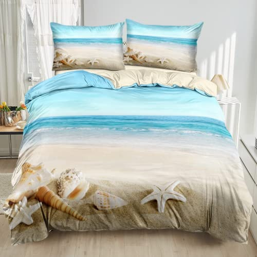 Damier Bettwäsche Set Ozean Bettbezug 135x200cm 4teilig Weiche Mikrofaser Meeresstrand 3D-Digitaldruck Bettwäsche-Sets - 2 Bettbezüge mit Reißverschluss und 2 Kissenbezüge 80 x 80 cm
