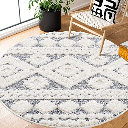 payé Teppich Rund - Hochflor - Boho - Pastell Cream Grau - 160x160cm - Einfarbig - Modern Raute Meliert Muster - Skandinavisch Flauschig Weich - Wohnteppich Schlafzimmer Dekoration