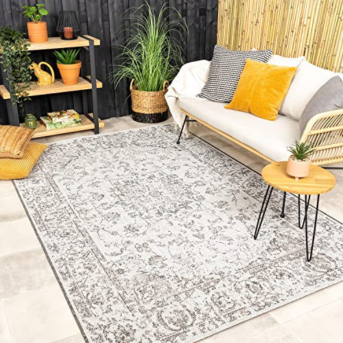 FRAAI In- & Outdoor Teppich Vintage - Victoria Oriental Grau 140x200cm - Wetterfest - Polypropylen - Flachgewebe - Wohnzimmer, Balkon, Garten/Terrasse - Terrasse - Rug