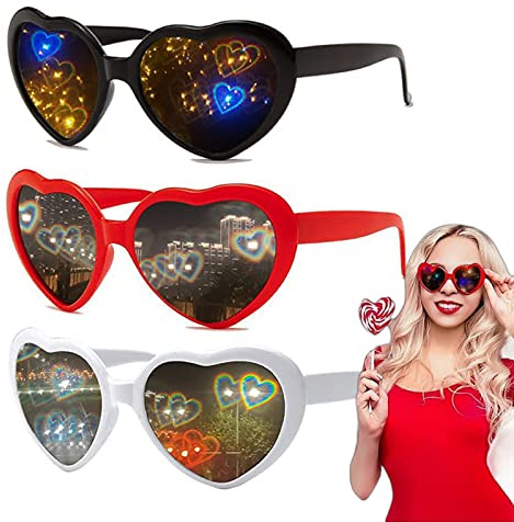NIWWIN Herz Brille Effekt, 3D Heart Glasses Beugungs Brille Herzförmige Sonnenbrille, Lustige Brillen für Fasching Musikfestivals Party Bar Feuerwerk Musik im Freien Party Bar Nachtclub.3 Stück
