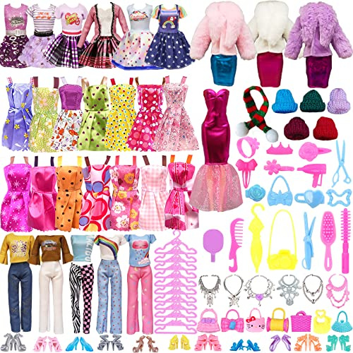 Ensemble de vêtements et accessoires de poupée 64 pièces pour Barbie, 1 robe longue rouge, 10 jupes porte-jarretelles, 1 manteau, 2 robes tendance, 2 hauts, pantalons, 1 écharpe, 1 chapeau