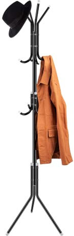 LONENESSL Garderobenständer, Metall Garderobenständer mit 3 Höhen 12 Haken, stabile freistehende Garderobe für Kleidung/Taschen/Hüte, Garderobenständer für Zuhause/Eingangsbereich/Büro/Flur (Schwarz)