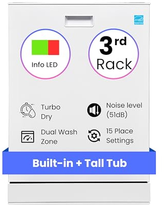 Equator 24″ Built-In Dishwasher with 3rd Rack – Top Control, 15 Place Settings, 8 Wash Cycles, Energy Star, Quiet 51 dB in White