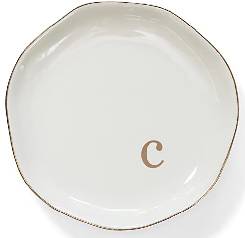 HOME SMILE Initials Ring Holder Jewery Tray with Personalized C-Monogrammed Engagement Wedding Gifts for Friends,Sister,Birthday Christmas Gifts for Women,Ceramic White