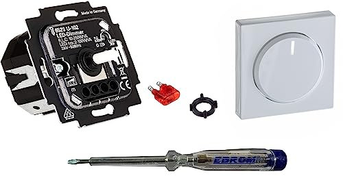 Busch Jäger 6523U-102 LED-Drehdimmer LED-Dimmer mit Dimmerscheibe Zentralplatte 6540-84-102 in Future Linear Studioweiß glänzend inklusive EBROM Phasenprüfer zur Montage des Dimmers (6523 U – 102)