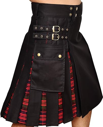 ASU KILTS-Modern Hybrid Utility Cotton & Tartan Kilts for Men-Multiple Tartans Kilt for Men (Black & Macdonald Tartan, 48)