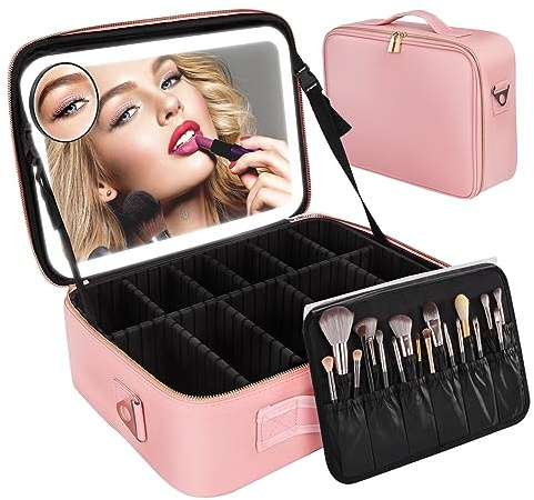 Estuche de Maquillaje de Viaje, con Espejo LED Ajustable de 3 Posiciones Neceser Impermeable para cosméticos Neceser de Maquillaje Iluminado y Organizador de cosméticos