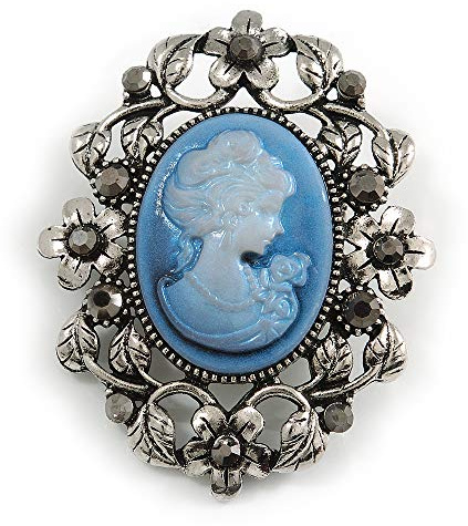 Spilla in stile vintage con cammeo in ematite blu e strass, in argento anticato, lunghezza 55 mm, Misura unica, Plastica, Diamante