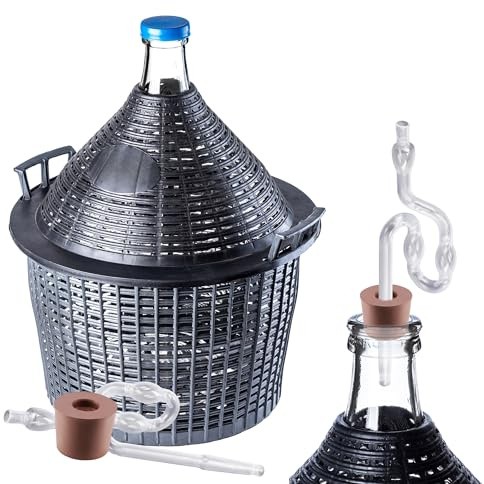 KADAX Glasballongset 34 l, jäsballong med plastkorg och jästillbehör, gummipluggar, jäsrör, smal öppning, vinballong, flaska, glasflaska (jäsrör i plast)