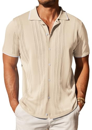 COOFANDY Men's Knit Button Down Shirt Vintage Short Sleeve Polo Shirts Casual Beach Tops Cream